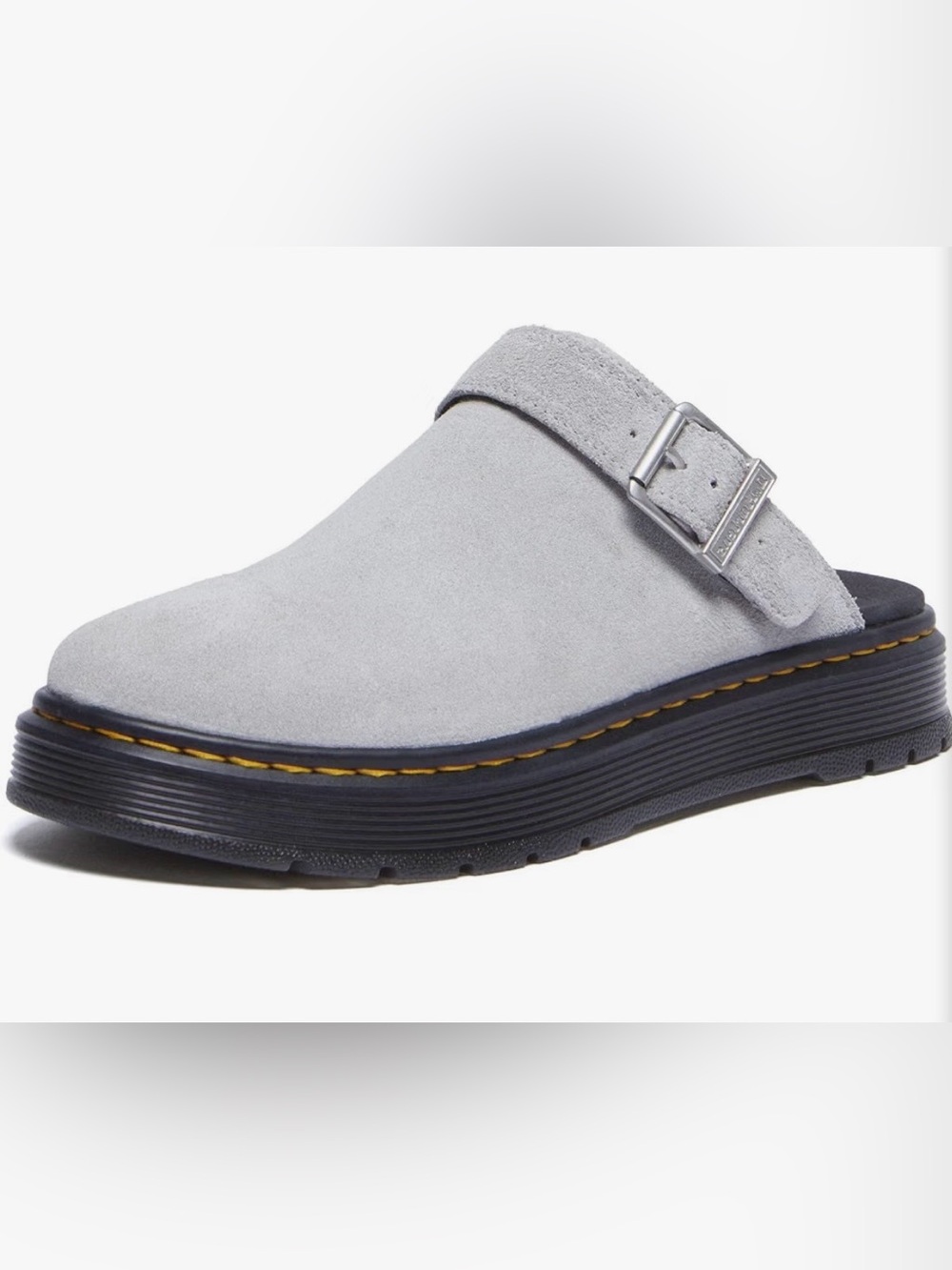 Dr. Martens Women's Suede Mule in Light Gray with Yellow Stitching